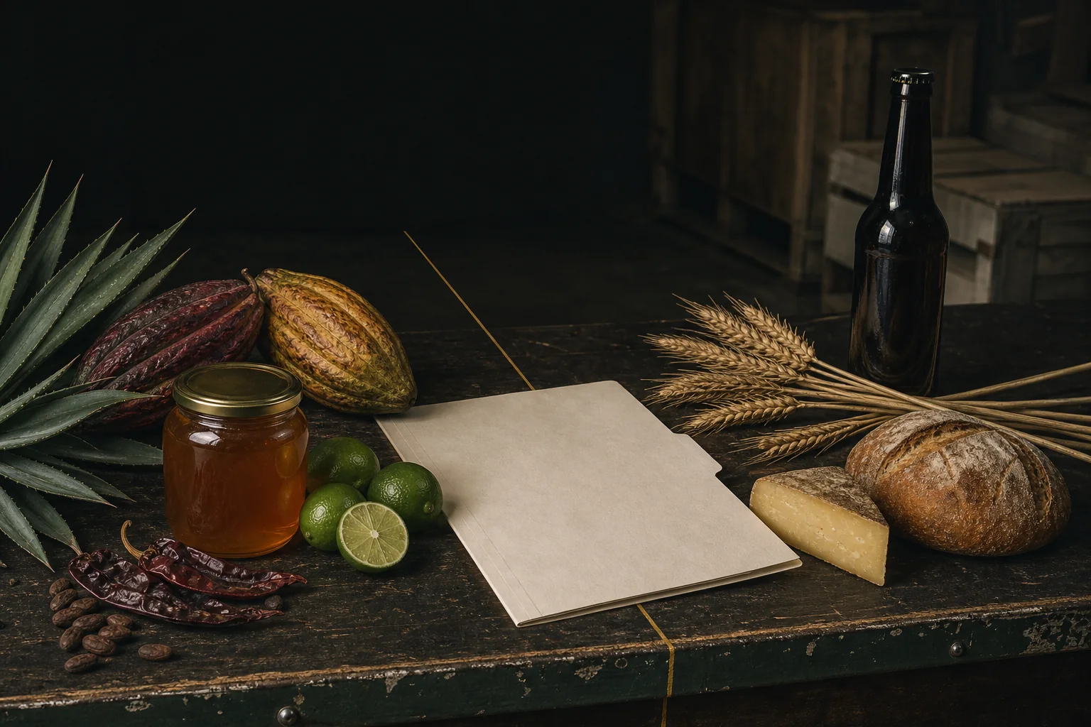 Honey, cacao, limes, agave, cheese, bread, wheat and beer arranged around a customs dossier