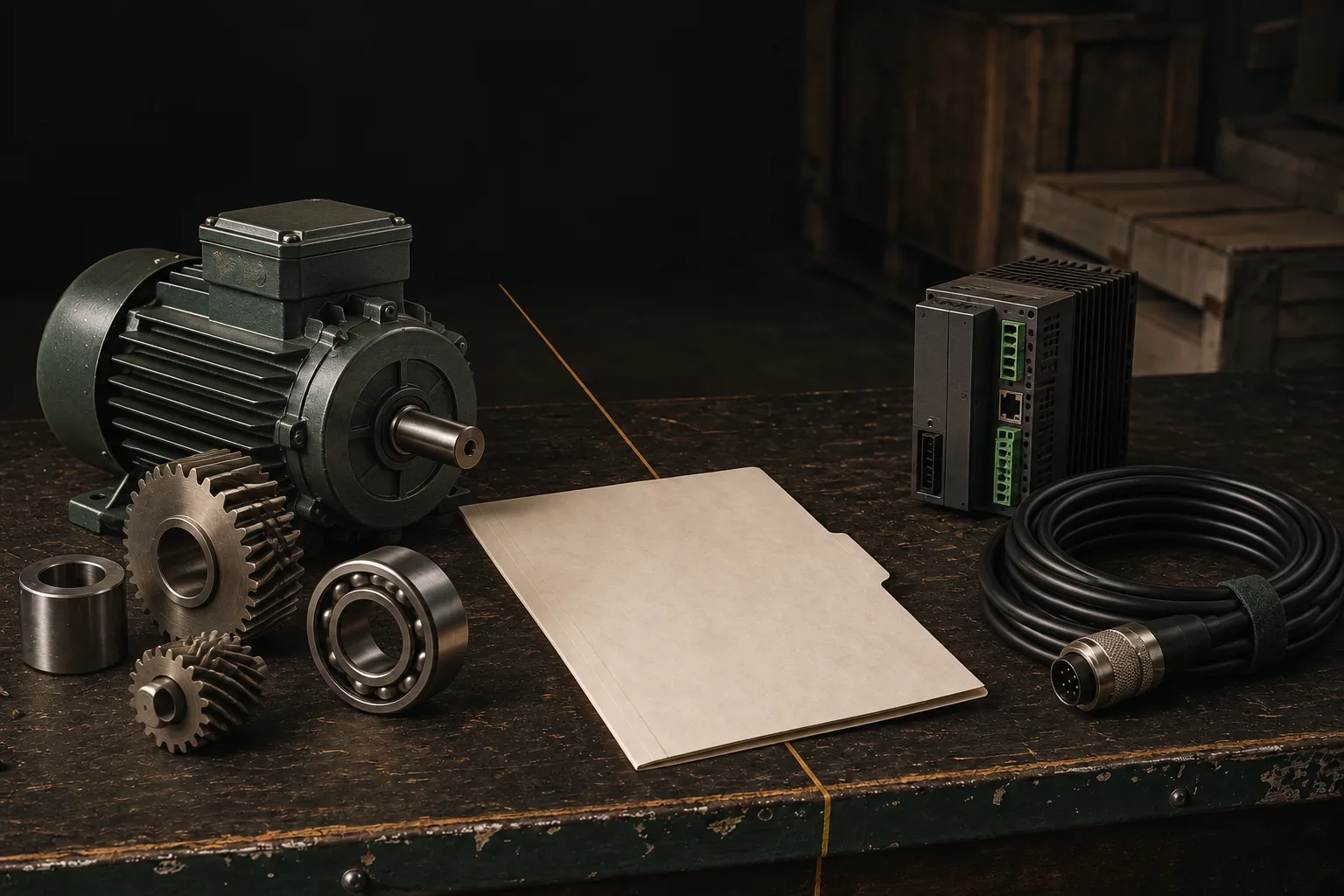Motor, gears, industrial controller and cable